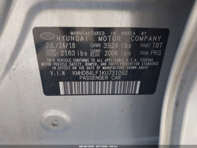 2019 Hyundai Elantra Sel მანქანა იყიდება აუქციონზე, vin: KMHD84LF1KU731092, აუქციონის ნომერი: 46110768