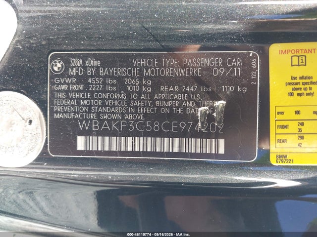 Aukcja sprzedaży 2012 Bmw 328i Xdrive, vin: WBAKF3C58CE974202, numer aukcji: 46110774