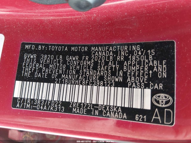 Продаж на аукціоні авто 2015 Toyota Corolla S Plus, vin: 2T1BURHE8FC398123, номер лоту: 46110782
