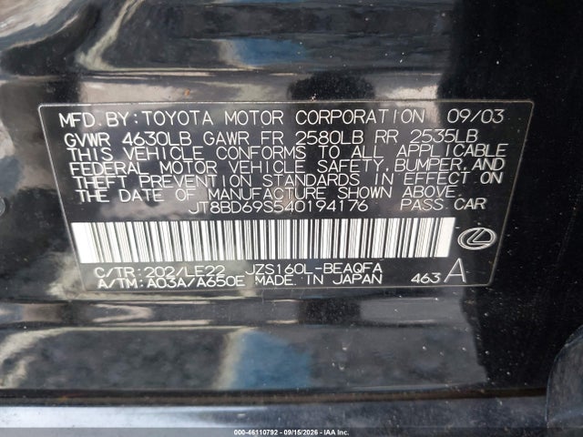 Aukcja sprzedaży 2004 Lexus Gs 300, vin: JT8BD69S540194176, numer aukcji: 46110792
