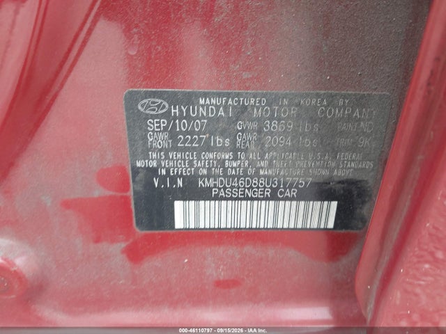 Продажа на аукционе авто 2008 Hyundai Elantra Gls/se, vin: KMHDU46D88U317757, номер лота: 46110797