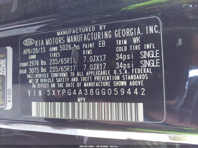 46110801 :رقم المزاد ، 5XYPG4A38GG059442 vin ، 2016 Kia Sorento 2.4l L مزاد بيع