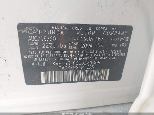 Продажа на аукционе авто 2020 Hyundai Ioniq Hybrid Blue, vin: KMHC65LC3LU233006, номер лота: 46110812