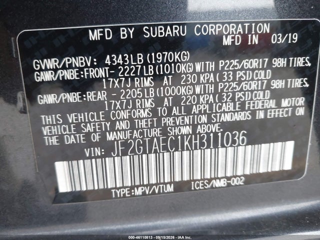 46110813 :رقم المزاد ، JF2GTAEC1KH311036 vin ، 2019 Subaru Crosstrek 2.0i Premium مزاد بيع