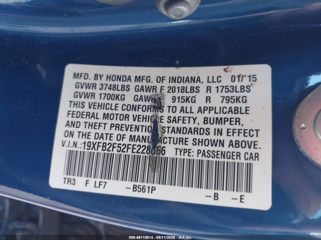 2015 Honda Civic Lx მანქანა იყიდება აუქციონზე, vin: 19XFB2F52FE228066, აუქციონის ნომერი: 46110814