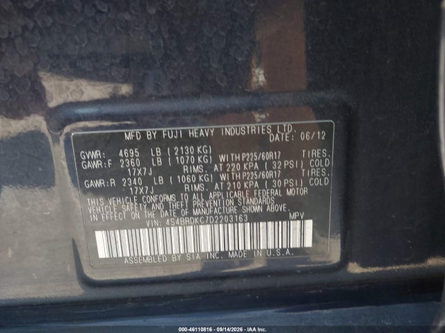Продаж на аукціоні авто 2013 Subaru Outback 3.6r Limited, vin: 4S4BRDKC7D2203163, номер лоту: 46110816