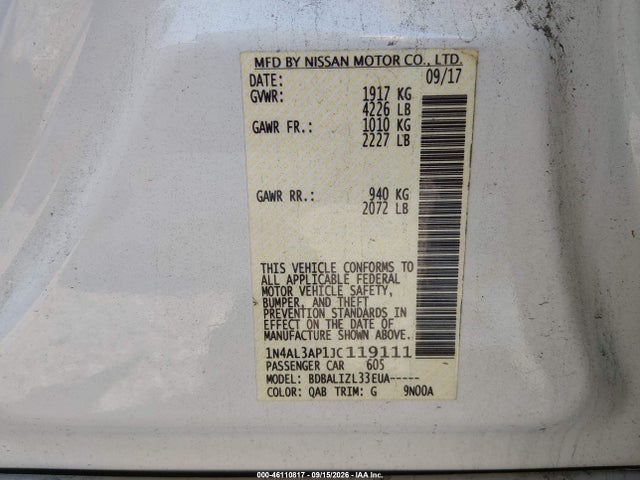 Продаж на аукціоні авто 2018 Nissan Altima 2.5 Sv, vin: 1N4AL3AP1JC119111, номер лоту: 46110817