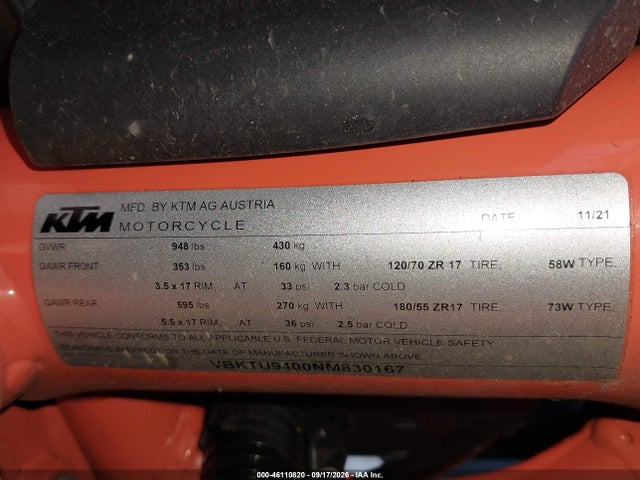 Продаж на аукціоні авто 2022 Ktm 890 Duke R, vin: VBKTU9400NM830167, номер лоту: 46110820