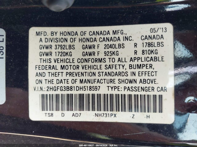 2013 Honda Civic Ex მანქანა იყიდება აუქციონზე, vin: 2HGFG3B81DH518597, აუქციონის ნომერი: 46110827