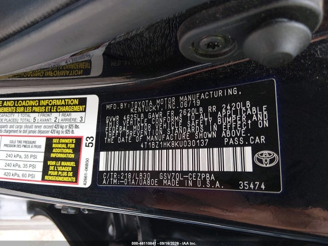 Aukcja sprzedaży 2019 Toyota Camry Xse V6, vin: 4T1BZ1HK8KU030137, numer aukcji: 46110841