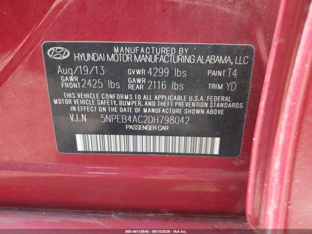 Aukcja sprzedaży 2013 Hyundai Sonata Gls, vin: 5NPEB4AC2DH798042, numer aukcji: 46110846