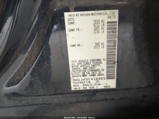 Продажа на аукционе авто 2015 Nissan Altima 2.5 Sl, vin: 1N4AL3AP3FC416405, номер лота: 46110851