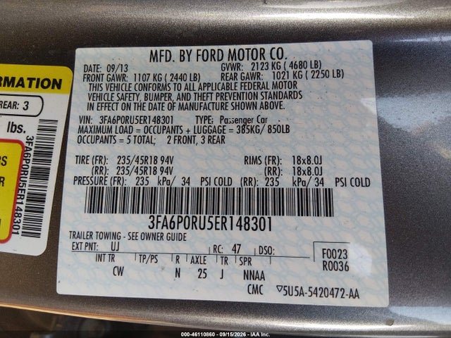 46110860 :رقم المزاد ، 3FA6P0RU5ER148301 vin ، 2014 Ford Fusion Hybrid Titanium مزاد بيع