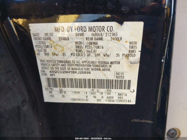 2008 Mercury Mariner Hybrid მანქანა იყიდება აუქციონზე, vin: 4M2CU29H18KJ26898, აუქციონის ნომერი: 46110861