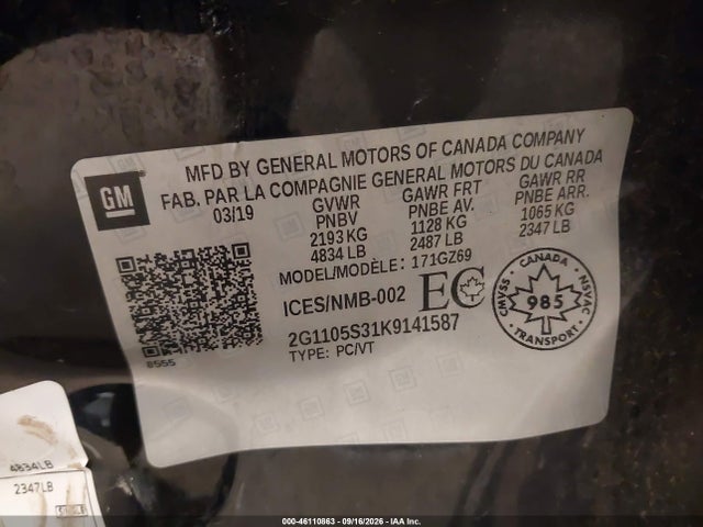 46110863 :رقم المزاد ، 2G1105S31K9141587 vin ، 2019 Chevrolet Impala 2lz مزاد بيع