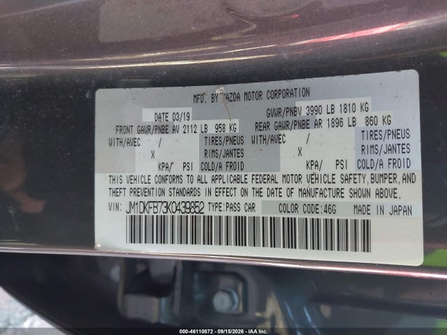 2019 Mazda Cx-3 Sport მანქანა იყიდება აუქციონზე, vin: JM1DKFB73K0439852, აუქციონის ნომერი: 46110872