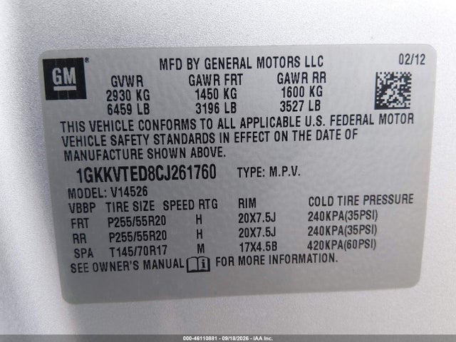 Продаж на аукціоні авто 2012 Gmc Acadia Denali, vin: 1GKKVTED8CJ261760, номер лоту: 46110881