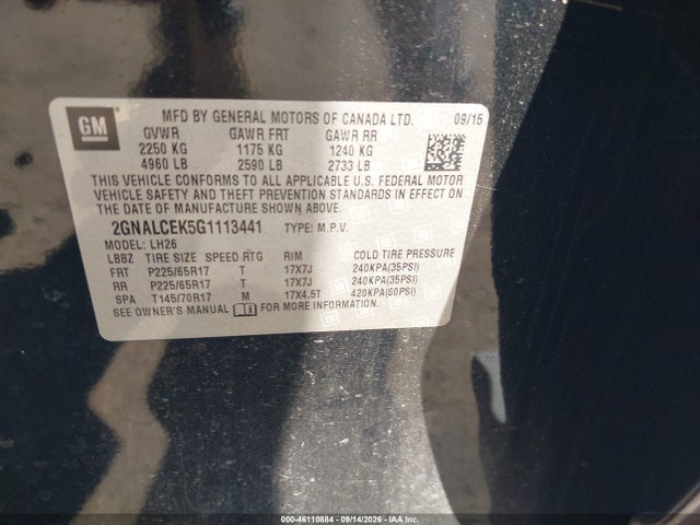 46110884 :رقم المزاد ، 2GNALCEK5G1113441 vin ، 2016 Chevrolet Equinox Lt مزاد بيع
