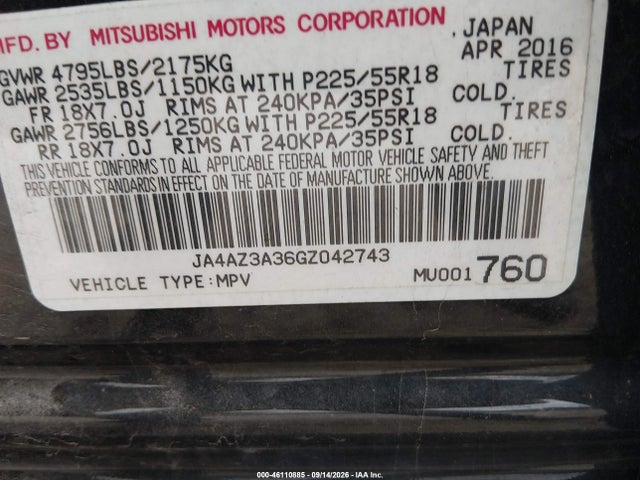 Продаж на аукціоні авто 2016 Mitsubishi Outlander Es, vin: JA4AZ3A36GZ042743, номер лоту: 46110885