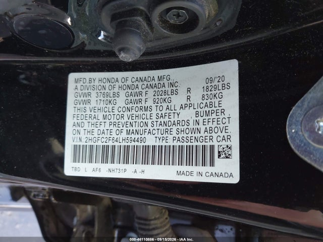 Honda Civic Lx 2020 2HGFC2F64LH594490 Image 9