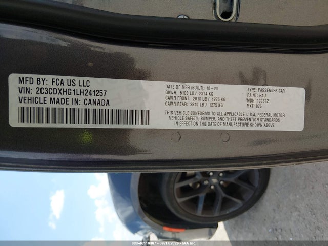 Продаж на аукціоні авто 2020 Dodge Charger Gt Rwd, vin: 2C3CDXHG1LH241257, номер лоту: 46110887