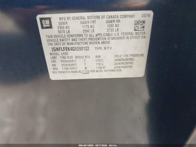 Chevrolet EQUINOX LT 2016 2GNFLFEK4G6290122 Image 9