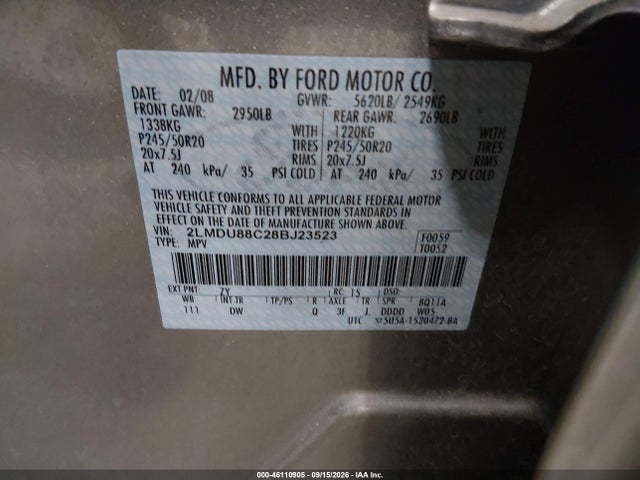 46110905 :رقم المزاد ، 2LMDU88C28BJ23523 vin ، 2008 Lincoln Mkx مزاد بيع