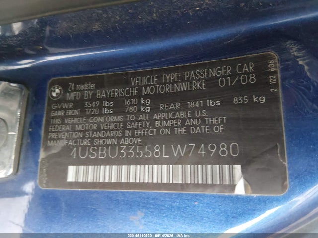 46110920 :رقم المزاد ، 4USBU33558LW74980 vin ، 2008 Bmw Z4 3.0i مزاد بيع