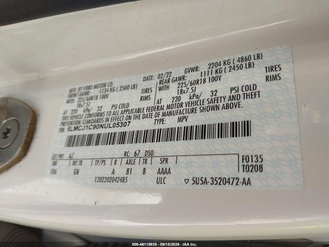 46110935 :رقم المزاد ، 5LMCJ1C90NUL05307 vin ، 2022 Lincoln Corsair Standard مزاد بيع