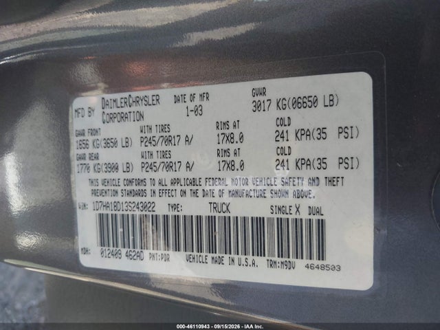 46110943 :رقم المزاد ، 1D7HA18D13S243022 vin ، 2003 Dodge Ram 1500 Slt/laramie/st مزاد بيع