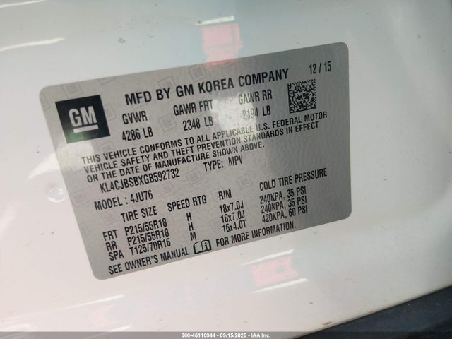 46110944 :رقم المزاد ، KL4CJBSBXGB592732 vin ، 2016 Buick Encore Convenience مزاد بيع