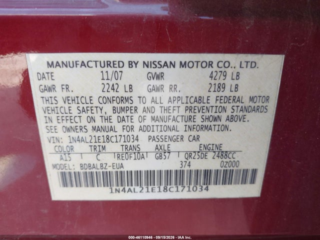 Продажа на аукционе авто 2008 Nissan Altima 2.5 S, vin: 1N4AL21E18C171034, номер лота: 46110946
