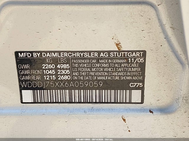 Aukcja sprzedaży 2006 Mercedes-benz Cls 500, vin: WDDDJ75XX6A059059, numer aukcji: 46110955