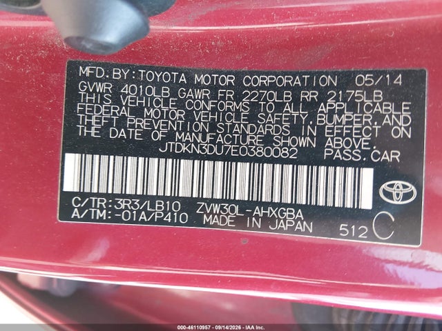 Aukcja sprzedaży 2014 Toyota Prius Four, vin: JTDKN3DU7E0380082, numer aukcji: 46110957