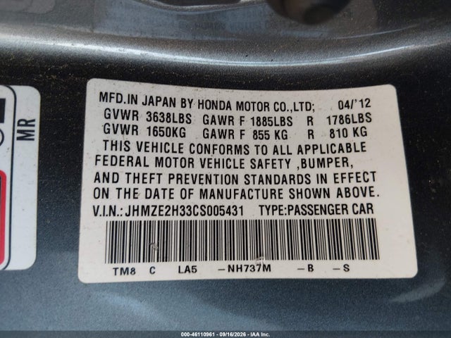 Продажа на аукционе авто 2012 Honda Insight, vin: JHMZE2H33CS005431, номер лота: 46110961