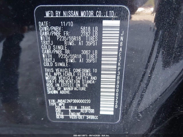 Продажа на аукционе авто 2011 Nissan Quest Sl, vin: JN8AE2KP3B9000220, номер лота: 46110973