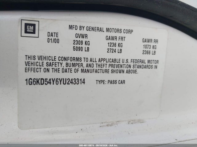 46110974 :رقم المزاد ، 1G6KD54Y6YU243314 vin ، 2000 Cadillac Deville Standard مزاد بيع