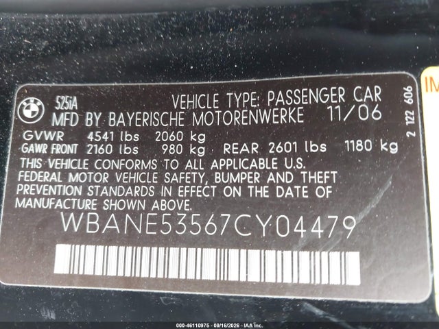 Aukcja sprzedaży 2007 Bmw 525i, vin: WBANE53567CY04479, numer aukcji: 46110975