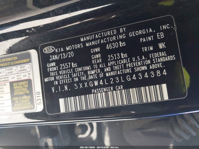 2020 Kia Optima Sx Turbo მანქანა იყიდება აუქციონზე, vin: 5XXGW4L23LG434384, აუქციონის ნომერი: 46110986