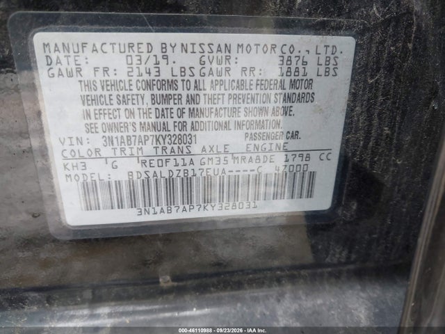 46110988 :رقم المزاد ، 3N1AB7AP7KY328031 vin ، 2019 Nissan Sentra Sv مزاد بيع