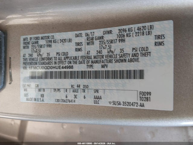 Продажа на аукционе авто 2017 Ford Escape Se, vin: 1FMCU0GD0HUE44988, номер лота: 46110990