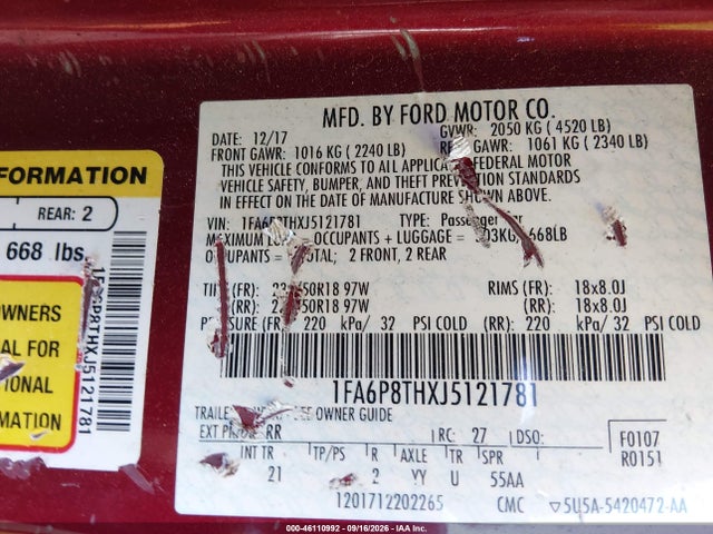 Aukcja sprzedaży 2018 Ford Mustang Ecoboost, vin: 1FA6P8THXJ5121781, numer aukcji: 46110992
