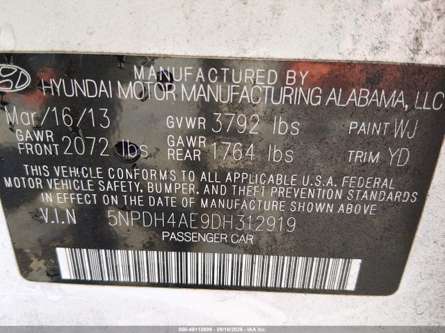 2013 Hyundai Elantra Gls მანქანა იყიდება აუქციონზე, vin: 5NPDH4AE9DH312919, აუქციონის ნომერი: 46110999