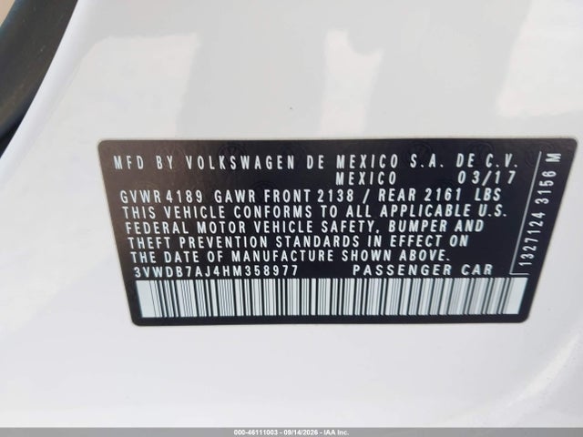 Aukcja sprzedaży 2017 Volkswagen Jetta 1.4t Se, vin: 3VWDB7AJ4HM358977, numer aukcji: 46111003