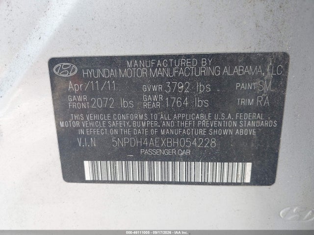 Aukcja sprzedaży 2011 Hyundai Elantra Gls, vin: 5NPDH4AEXBH054228, numer aukcji: 46111005