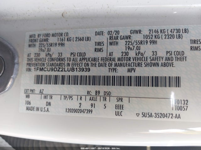 Продаж на аукціоні авто 2020 Ford Escape Titanium Hybrid, vin: 1FMCU9DZ2LUB13939, номер лоту: 46111007