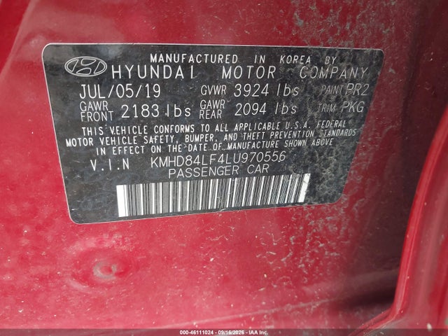 2020 Hyundai Elantra Value Edition მანქანა იყიდება აუქციონზე, vin: KMHD84LF4LU970556, აუქციონის ნომერი: 46111024