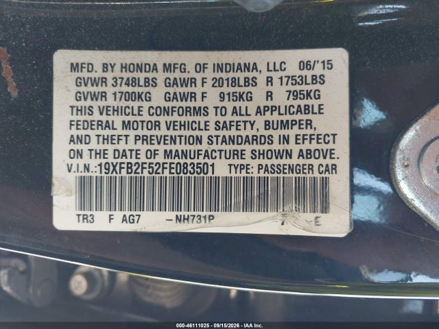 2015 Honda Civic Lx მანქანა იყიდება აუქციონზე, vin: 19XFB2F52FE083501, აუქციონის ნომერი: 46111025