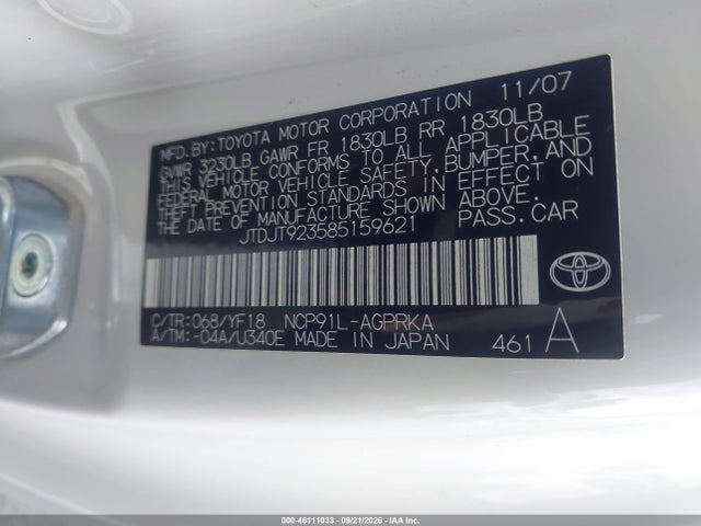 Aukcja sprzedaży 2008 Toyota Yaris S, vin: JTDJT923585159621, numer aukcji: 46111033