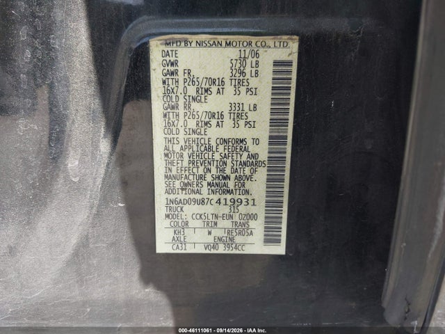 2007 Nissan Frontier Se მანქანა იყიდება აუქციონზე, vin: 1N6AD09U87C419931, აუქციონის ნომერი: 46111061